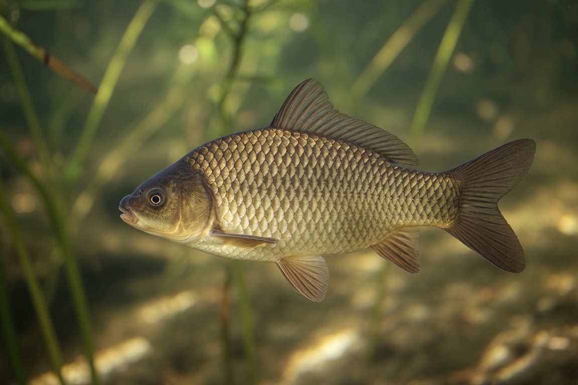 A golden crucian carp among aquatic plants