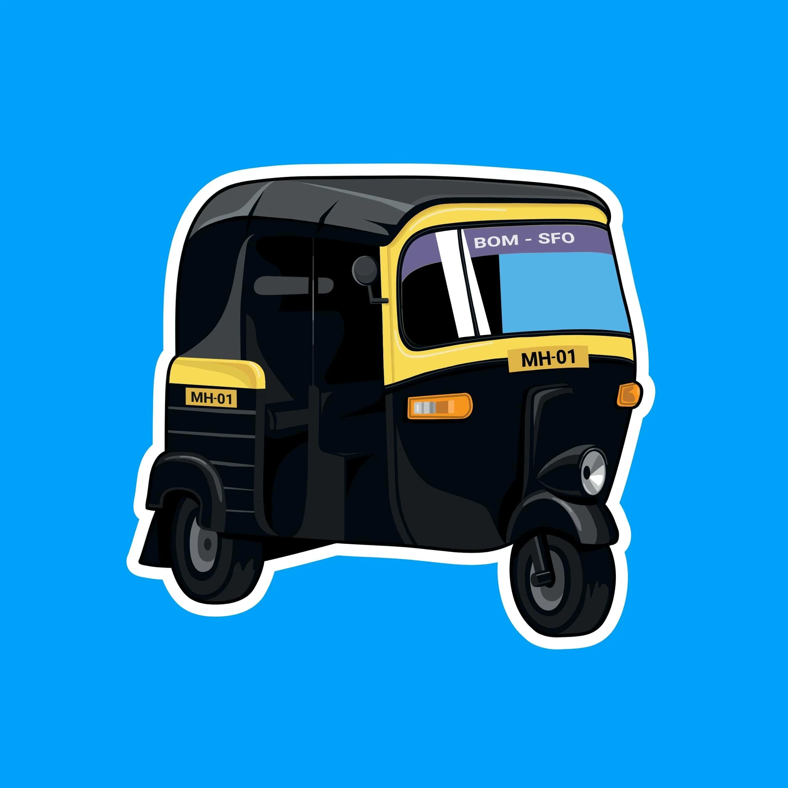 Illustration of a black-and-yellow auto rickshaw labeled “BOM–SFO” and “MH-01,” isolated on a bright blue background with a playful tone.