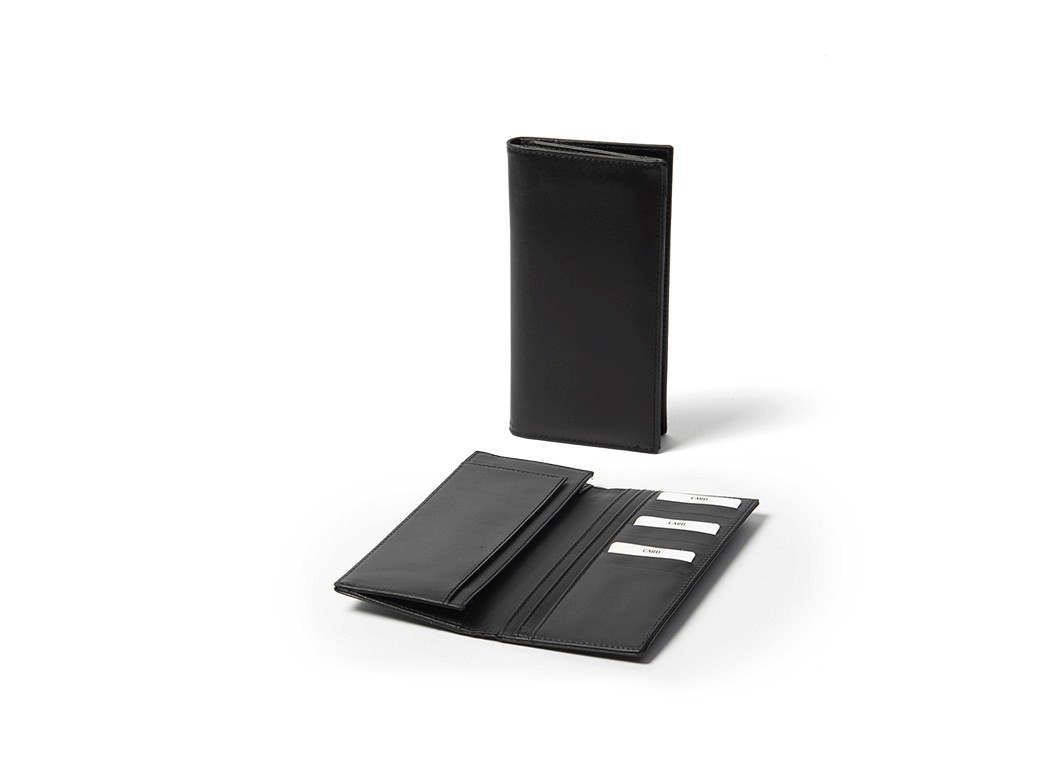 A tall black leather wallet displayed standing closed next to an open view revealing the interior layout.