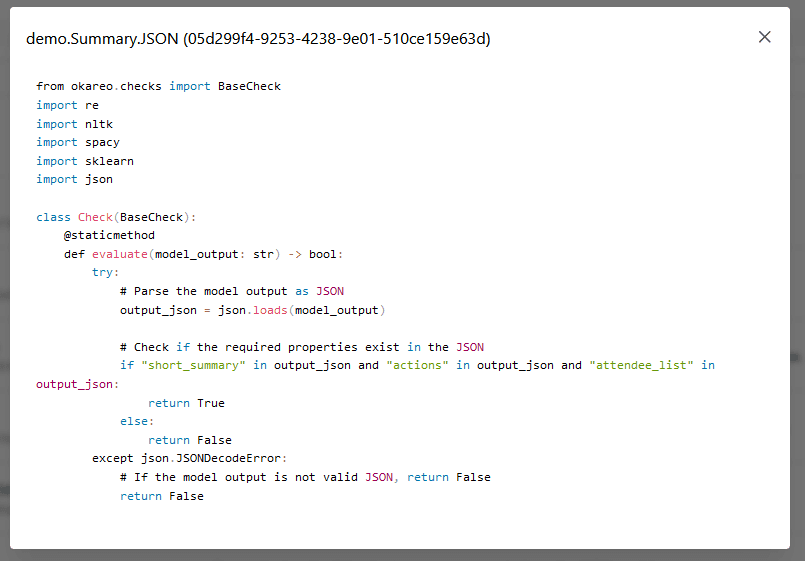 Screenshot of the modal box containing the Okareo code generated for the custom check.