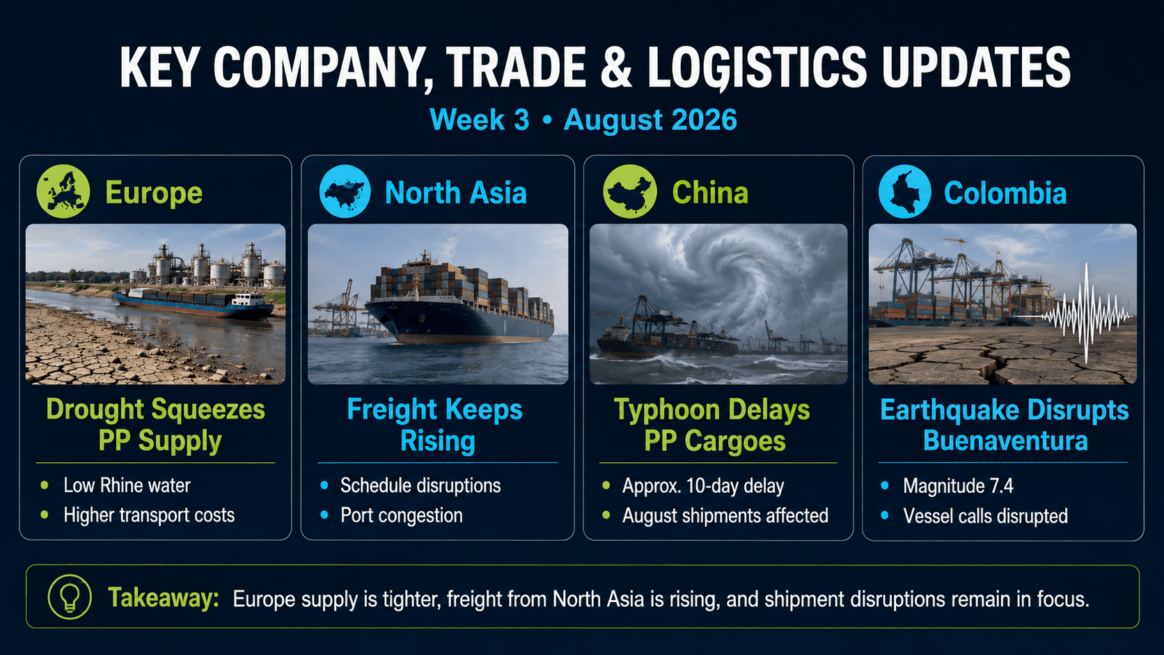 August 2026 plastics logistics update covering European drought, rising North Asia freight, China typhoon delays, and Buenaventura port disruption in Colombia.