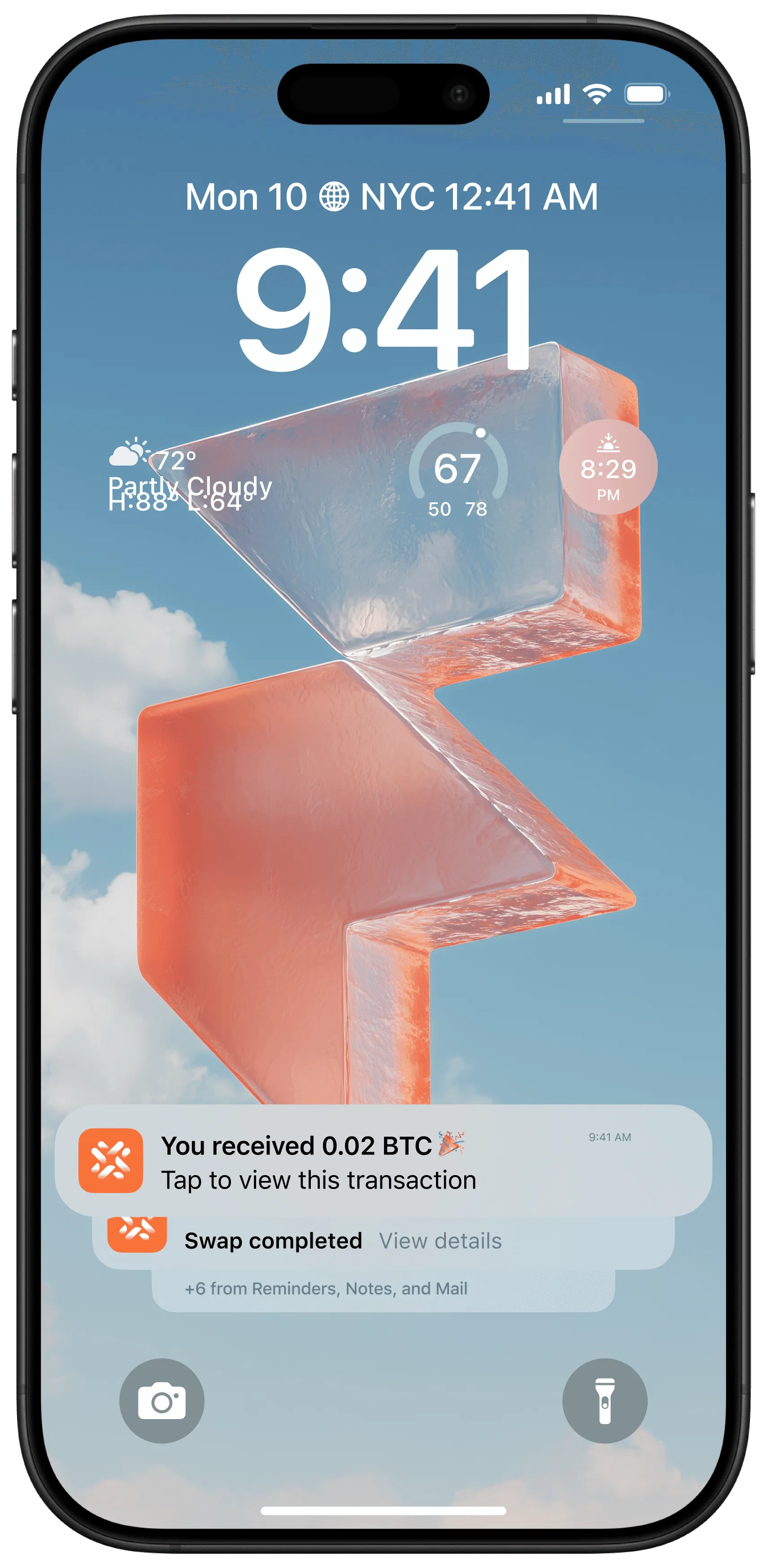 Sperrbildschirm eines Smartphones mit PapelShip-Benachrichtigung: Sie haben 0,02 BTC erhalten