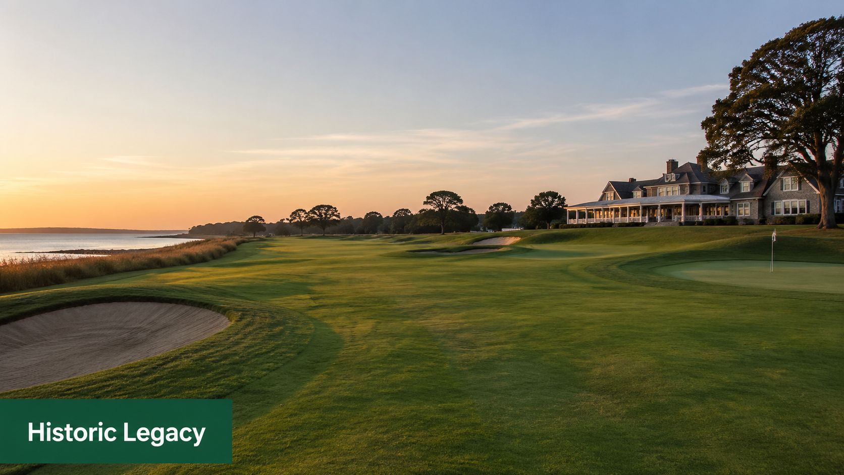 A scenic golf course at sunset featuring a large clubhouse and coastal views in the distance.