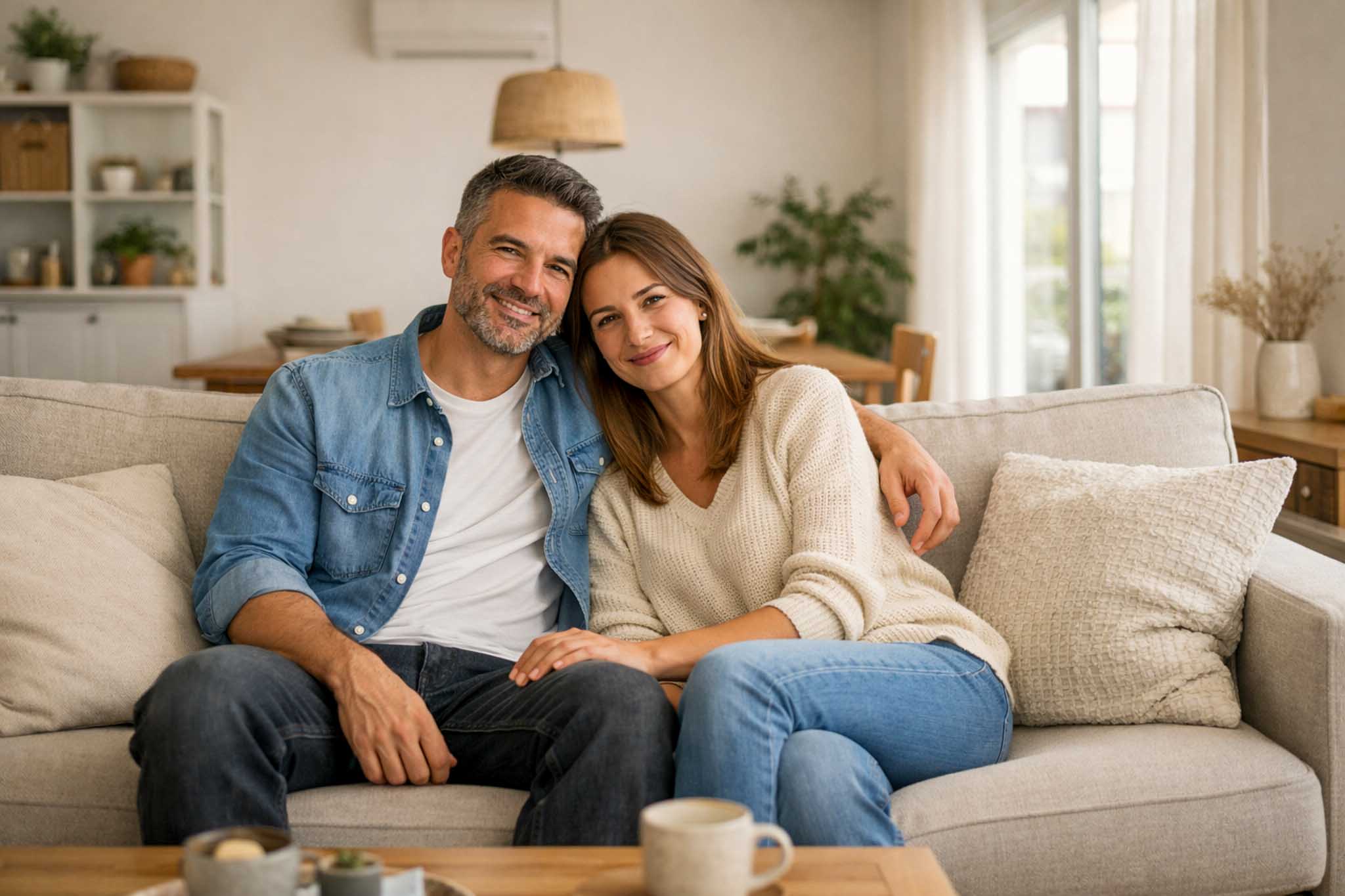 A modern living room with a comfortable couch, chairs, a table with books, a potted plant, and a vase.