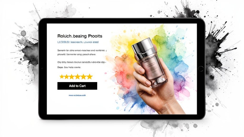 A tablet shows an e-commerce product page with a hand holding a skincare bottle against a watercolor background.