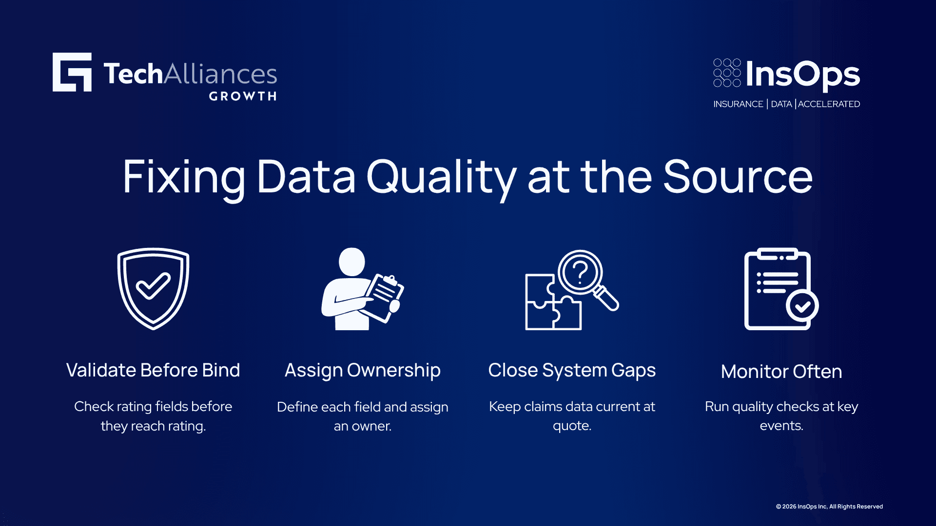 Four-step infographic showing data validation, field ownership, system integration, and continuous quality monitoring.