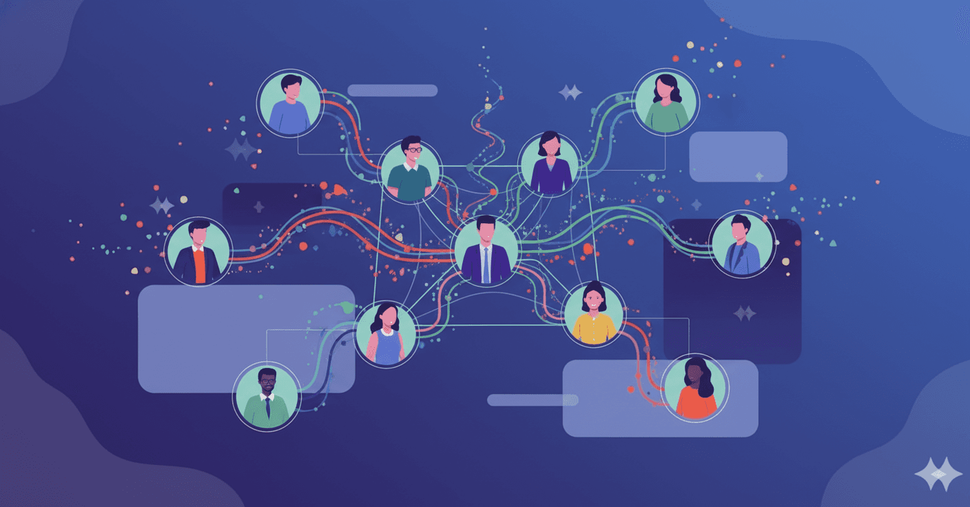 A modern abstract visualization showing AI-driven personalization in learning. Display multiple diverse human silhouettes or avatars arranged in a network pattern, each connected to customized content streams represented by flowing data particles or light streams in different colors. The image should convey the concept of one system adapting to serve many different learners simultaneously. Use a clean, professional tech aesthetic with blues, purples, and greens. No text, words, letters, or labels should appear in the image.