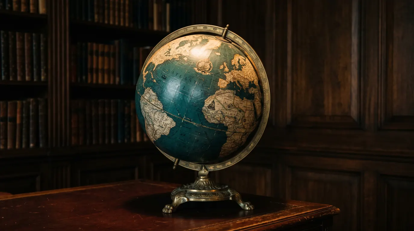 An antique desk globe lit by a spotlight in a dark library