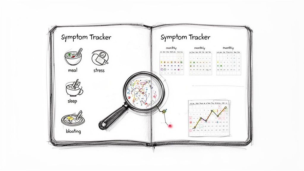 A hand-drawn open notebook displaying a symptom tracker with categories like meal, stress, sleep, bloating, and calendar views.