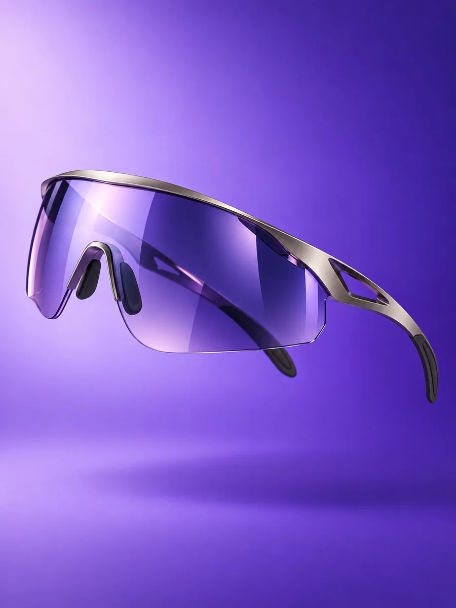 Futuristic violet eyewear floating on a vivid purple background