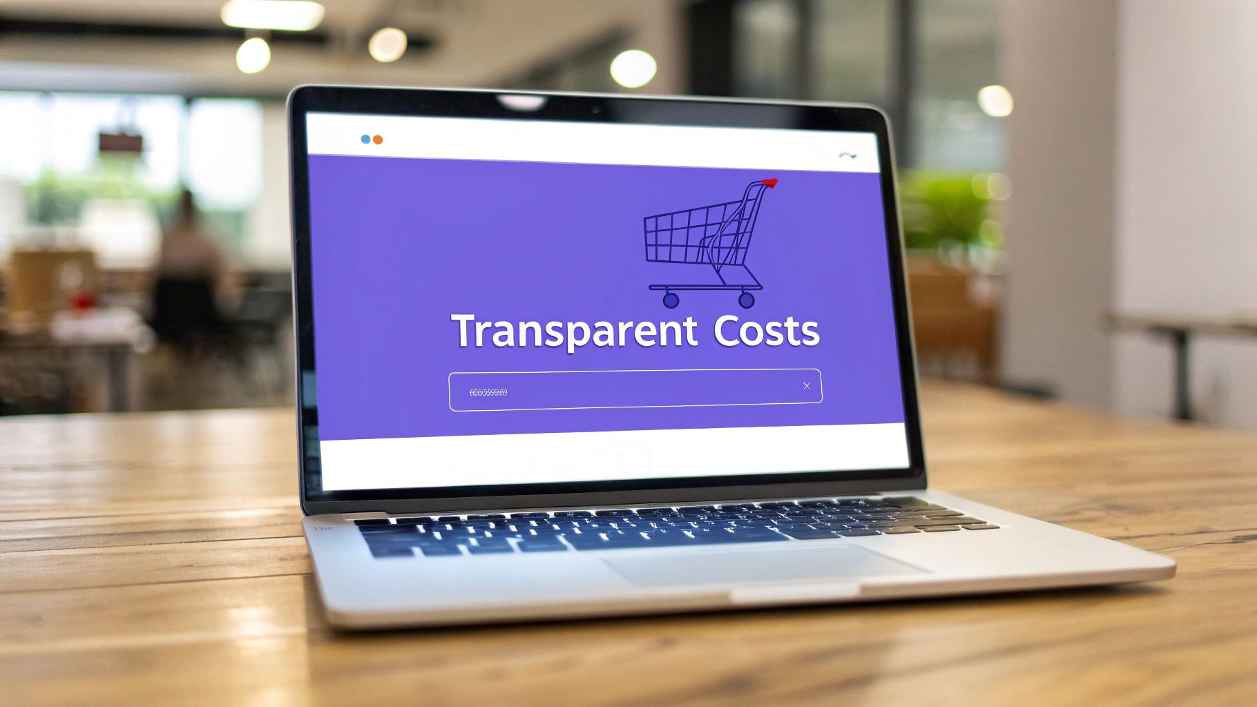 A laptop on a wooden desk displays a shopping cart icon and 'Transparent Costs' text on its screen, set in an office.