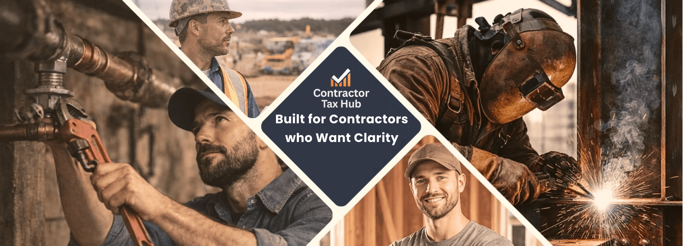 Collage of construction contractors including welder and trades workers representing contractor accounting services in Canada