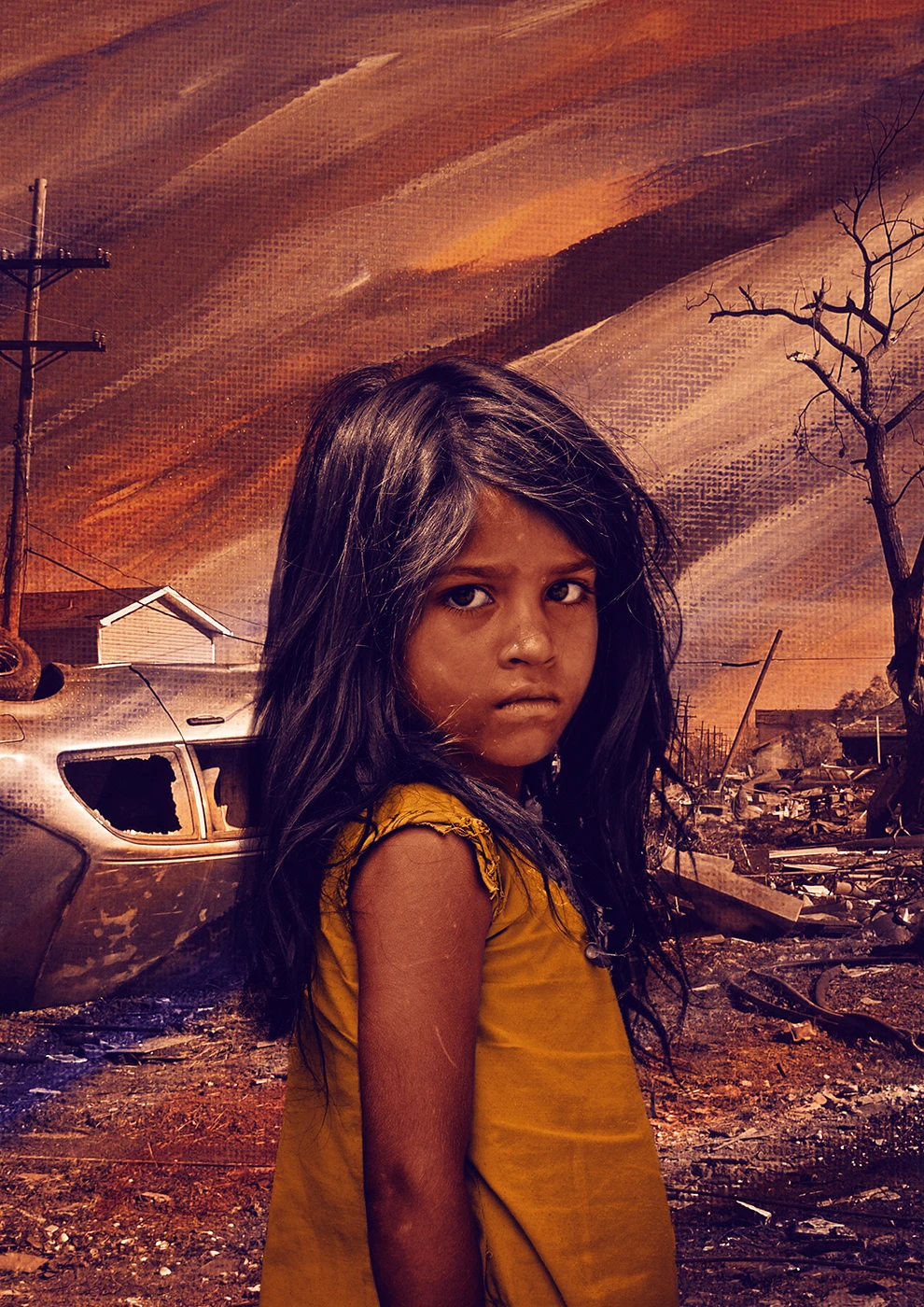 Fine art with girl standing in front of destroyed place.