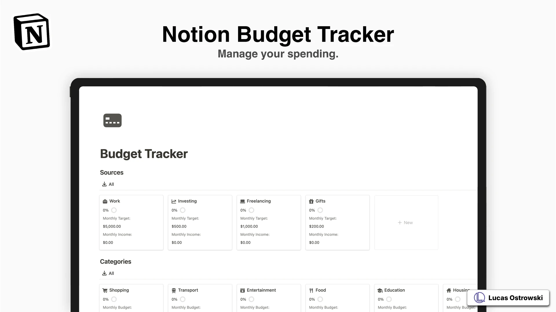 Notion Budget Tracker template featuring clean interface with income sources and expense categories. Shows tracking modules for Work, Investing, Freelancing, and Gifts with monthly targets and progress indicators