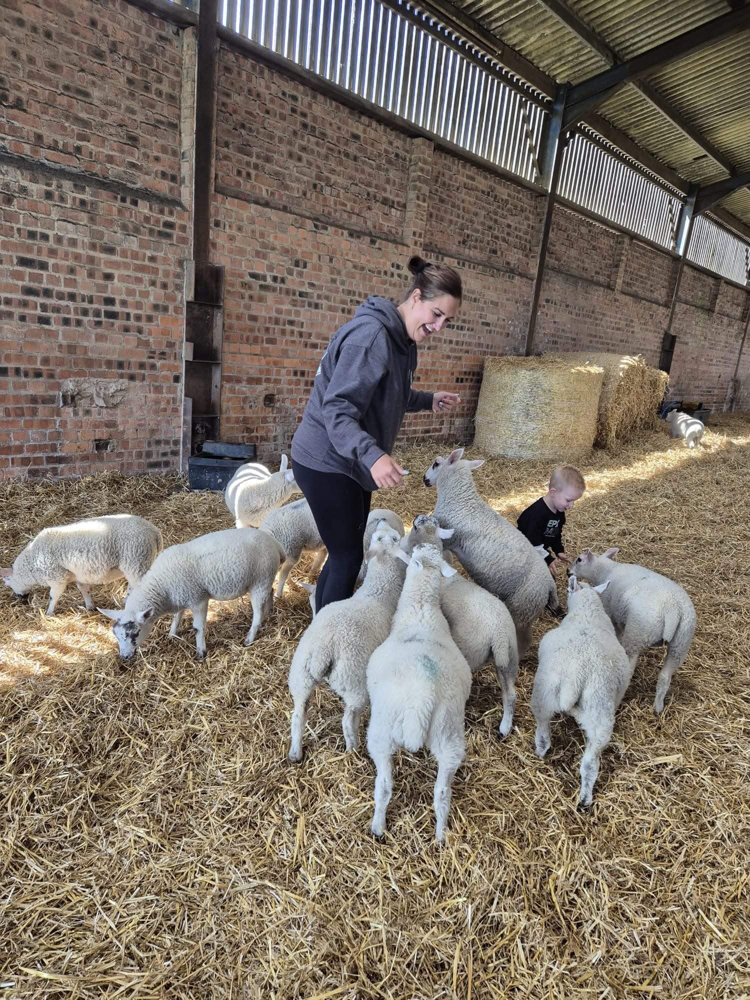 Steph in a room full of hay with some sheep