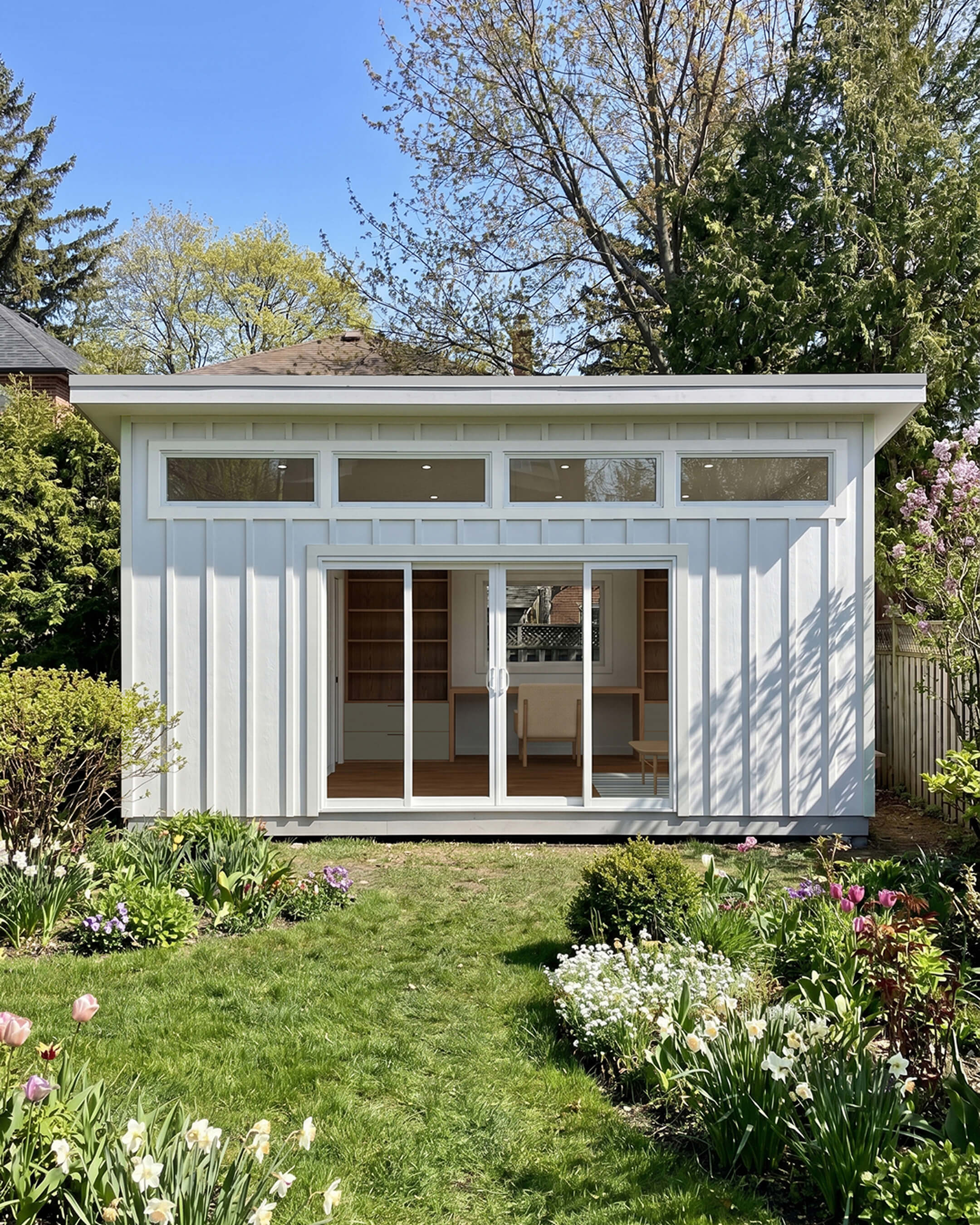 White 12x20 shed with board-and-batten siding, clerestory windows and sliding glass doors in a landscaped backyard.