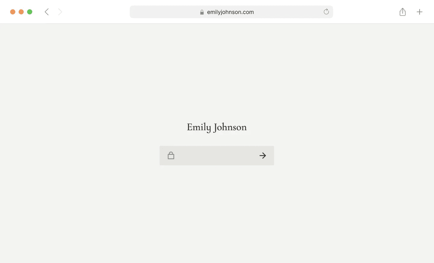 A browser screen showing a password-protected website built with Copyfolio. You see the name of the site owner (Emily Johnson) above the field where you need to enter the password to view the full website.