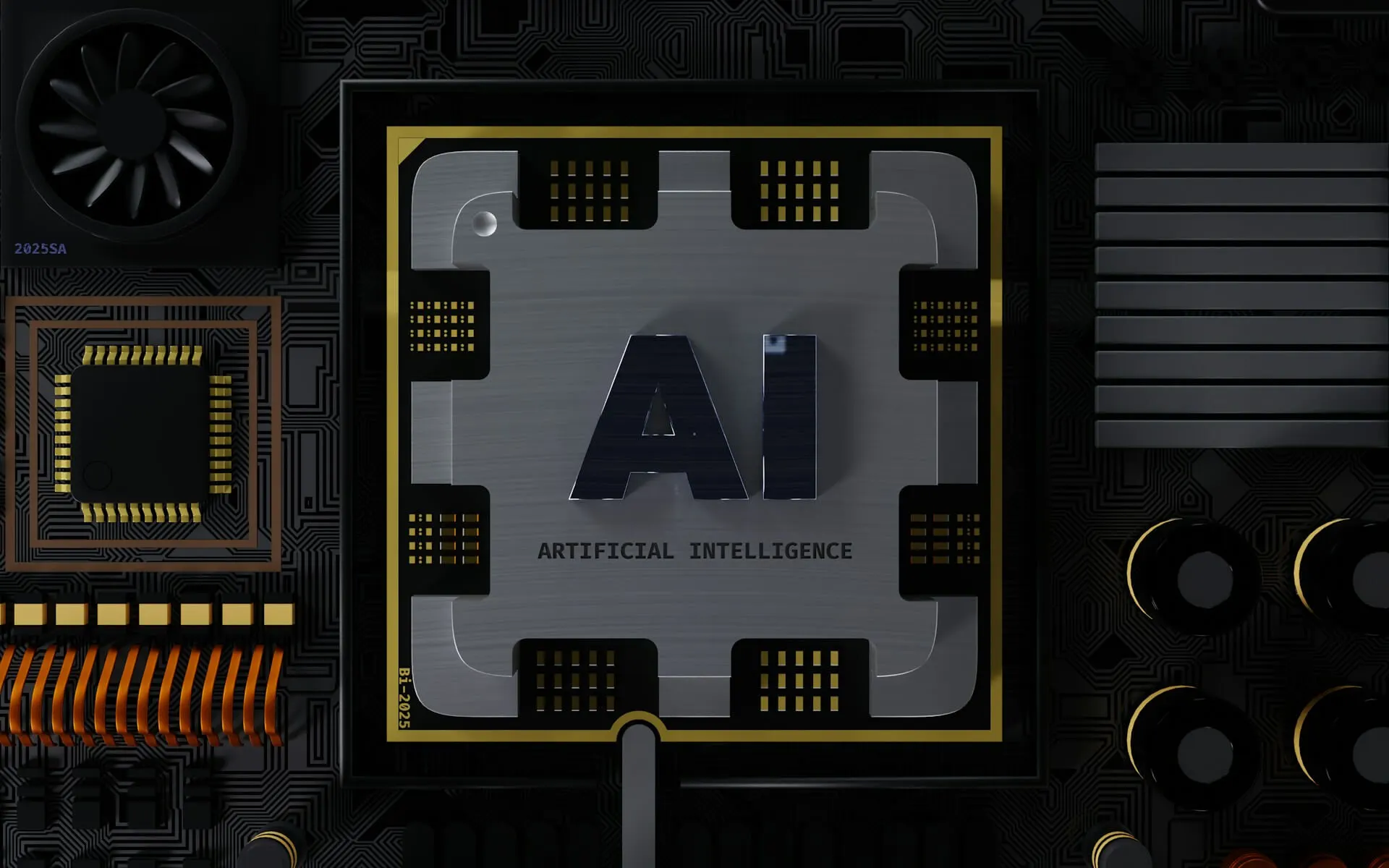 Illustratie van computer chips met de tekst AI (Artificial Intelligence)