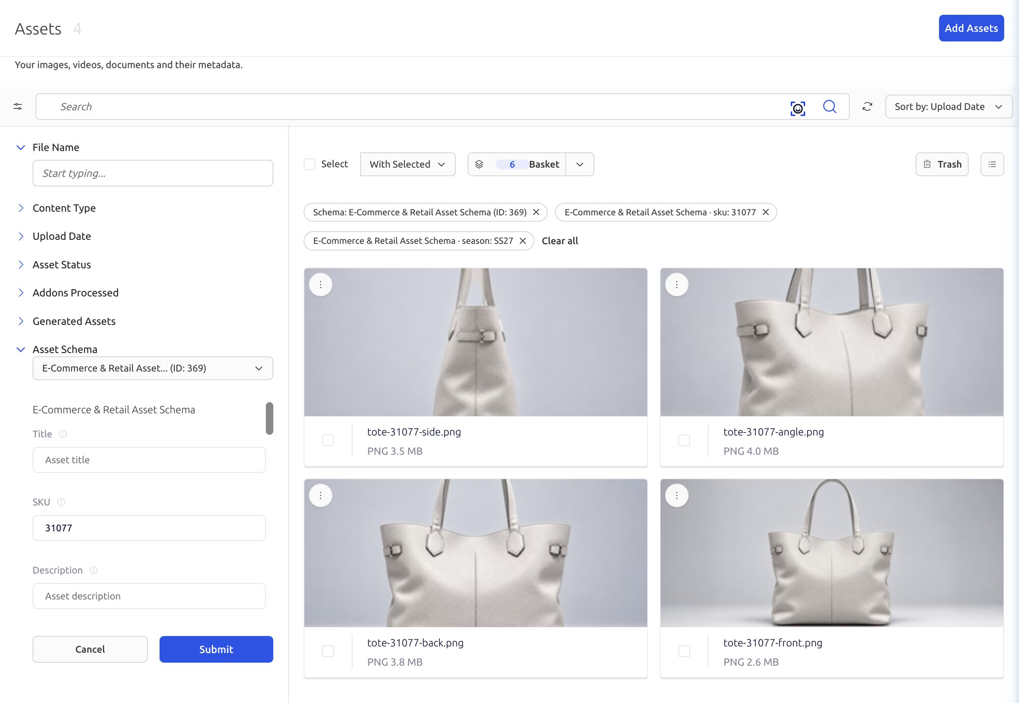 FileSpin asset search filtered by the E-Commerce schema, SKU 31077 and season SS27, returning four product shots