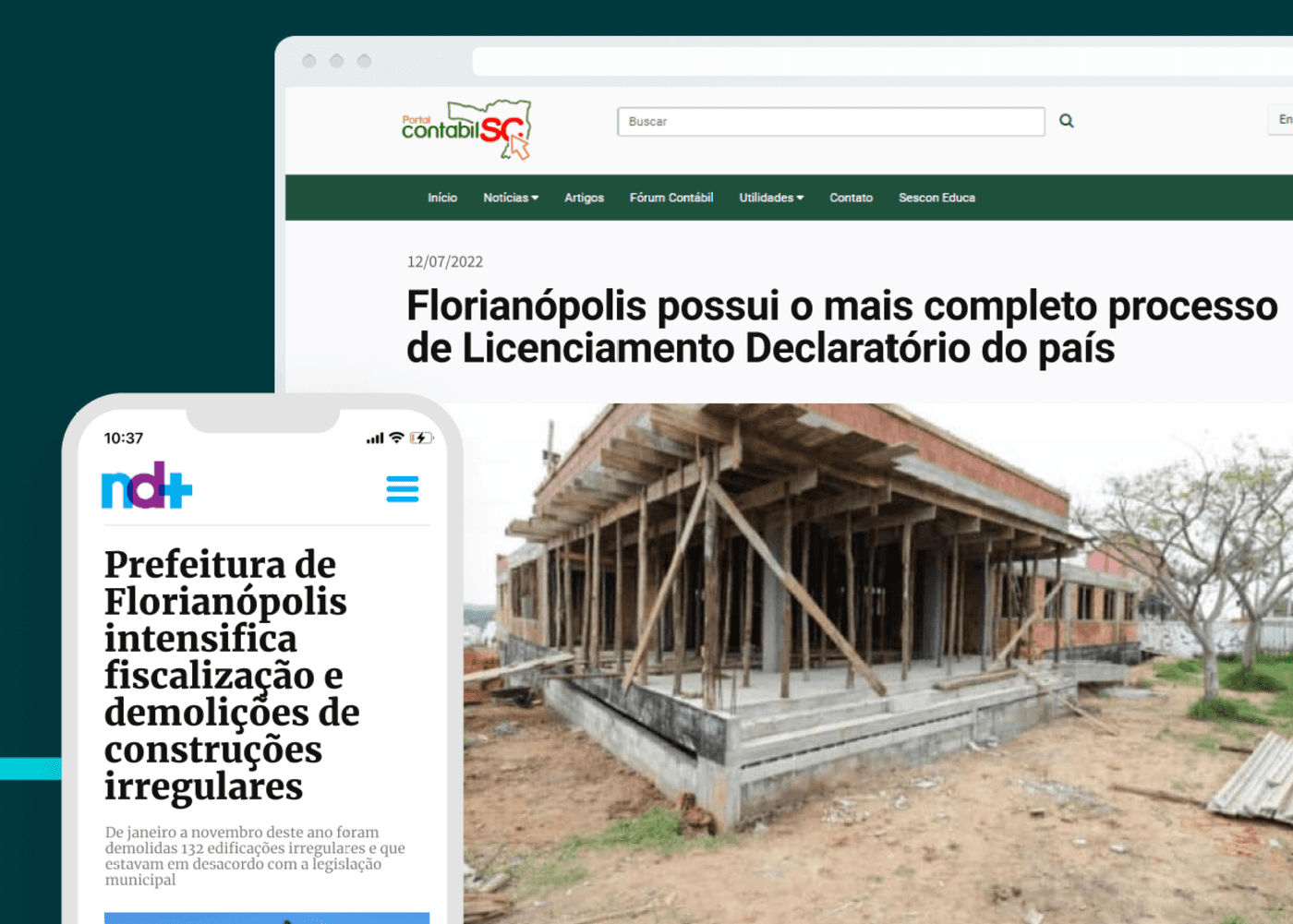 Notícias destacando o licenciamento declaratório digital e o processo auditável de obras em Florianópolis, exemplo de fiscalização e gestão urbana eficiente.