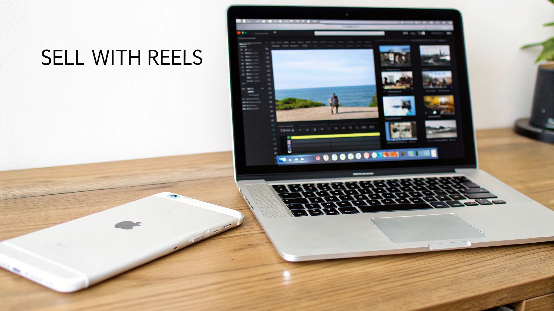 Laptop with video editing software and an iPhone on a desk for creating and selling with Reels.