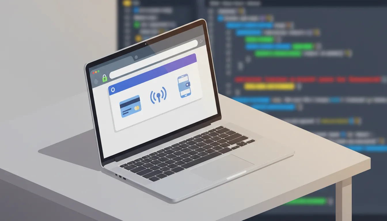 Laptop showing a secure checkout payment widget with a credit card icon, contactless symbol, mobile wallet icon and a padlock in the browser address bar, representing Stripe payments in a Next.js app