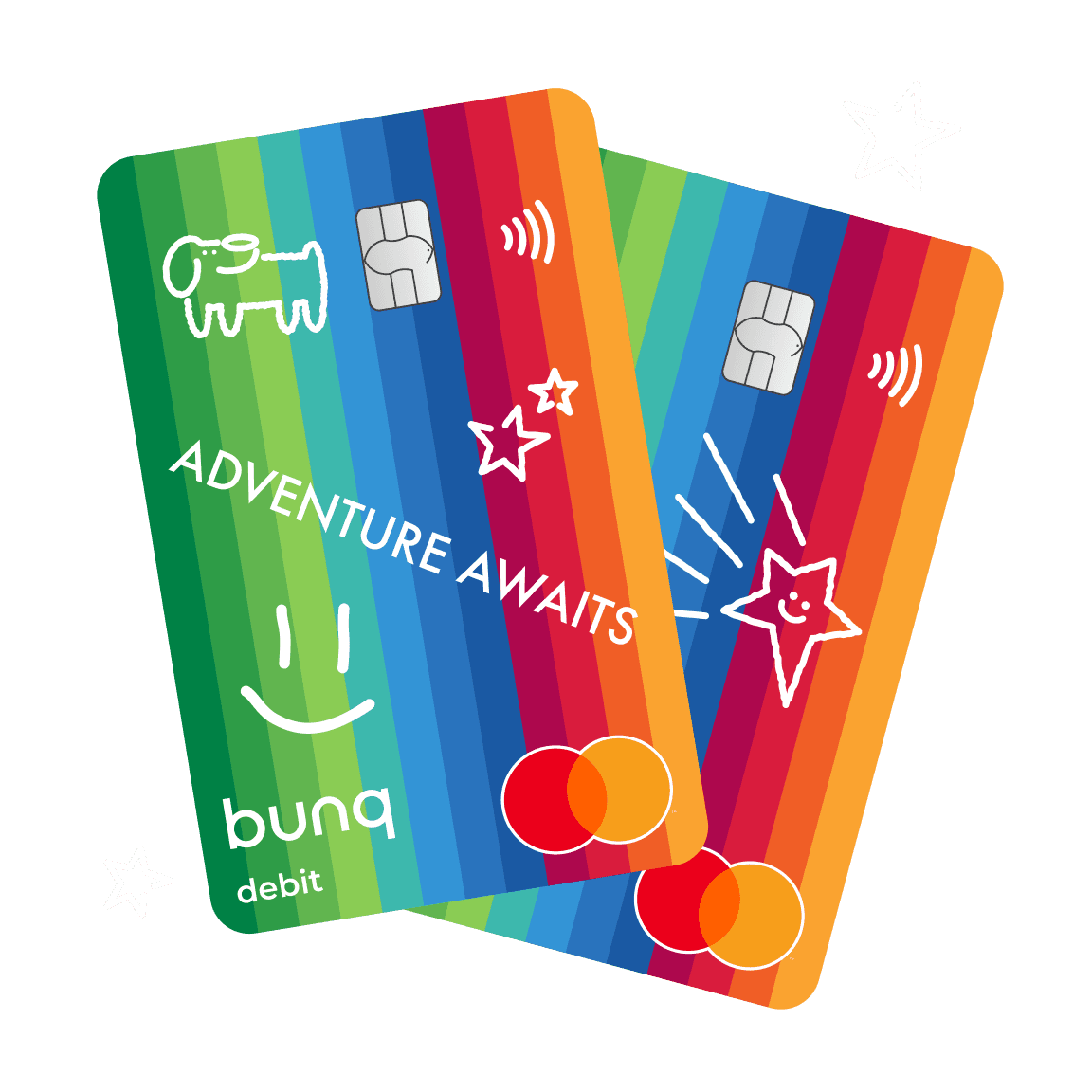 Две детски дебитни карти bunq с весели рисунки и надпис „Adventure Awaits“