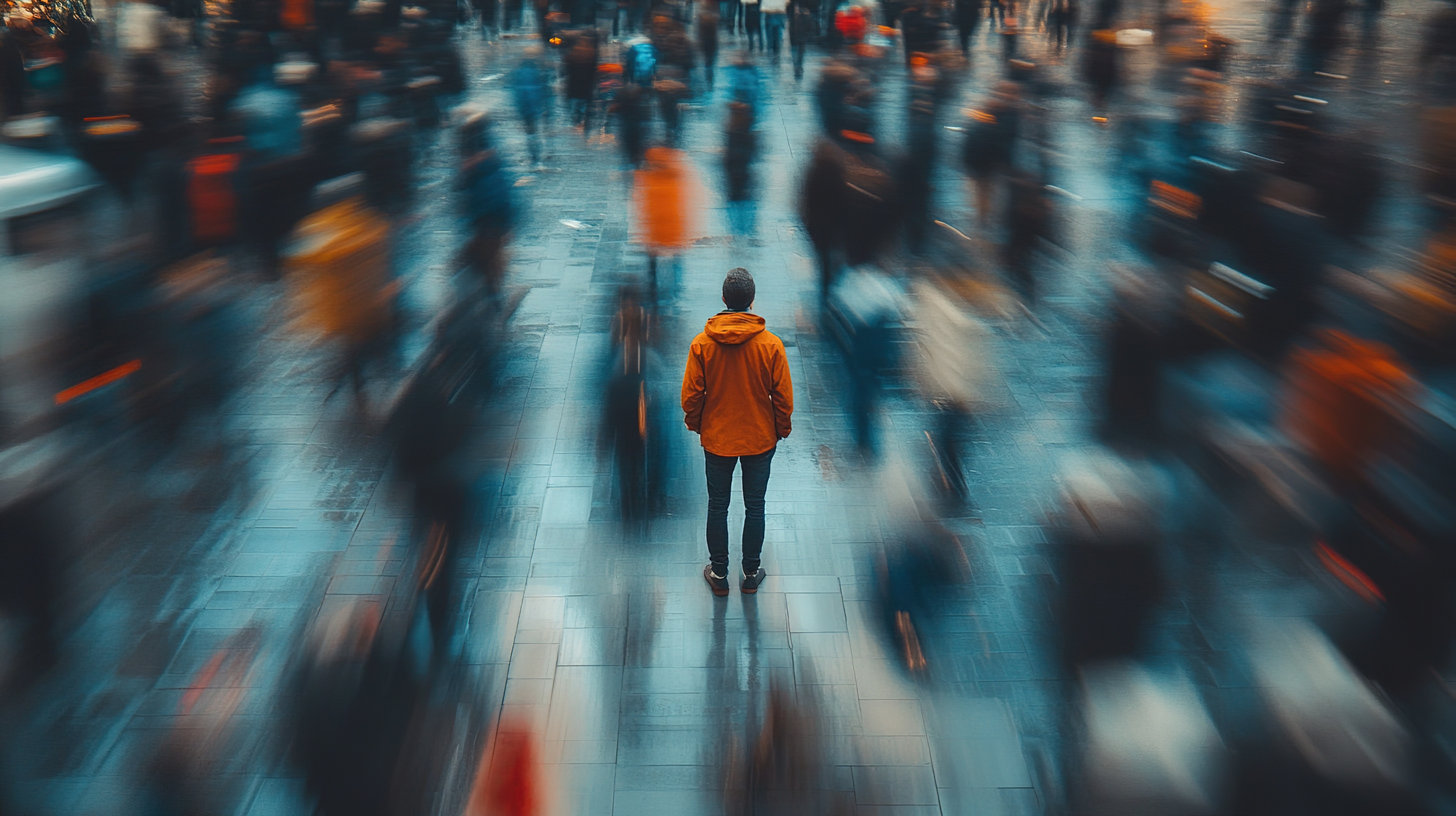 image of a group of people on the street in blue, black and orange blur 