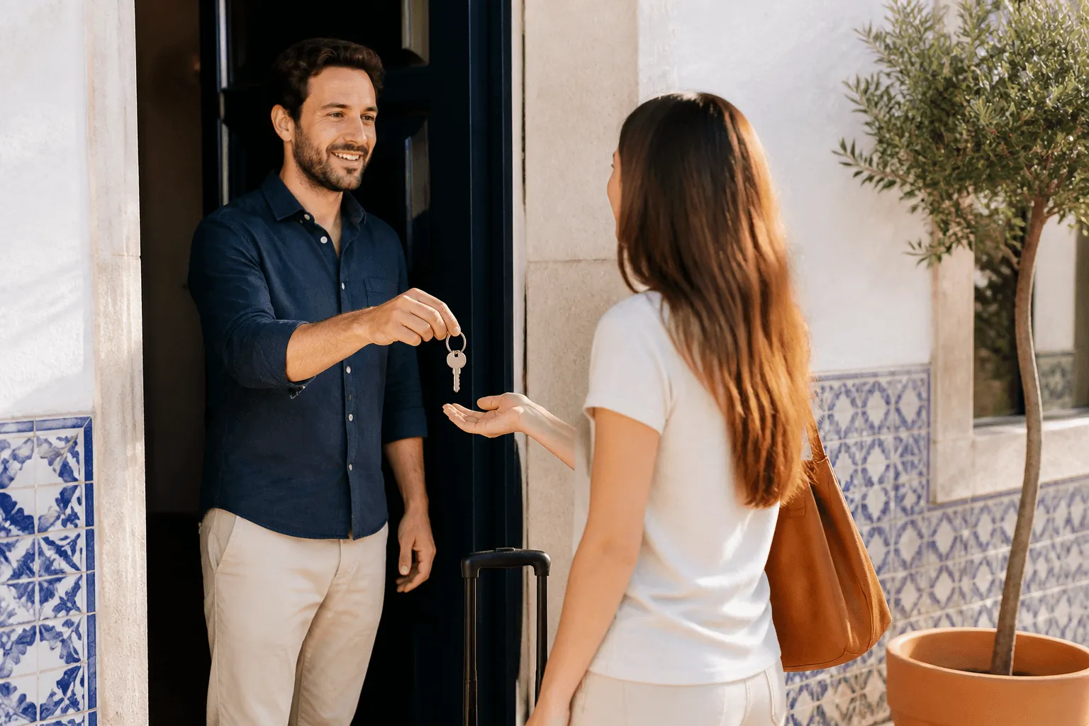 A welcoming shot of a Portuguese Alojamento Local property (apartment or villa exterior, or a set of keys/lockbox