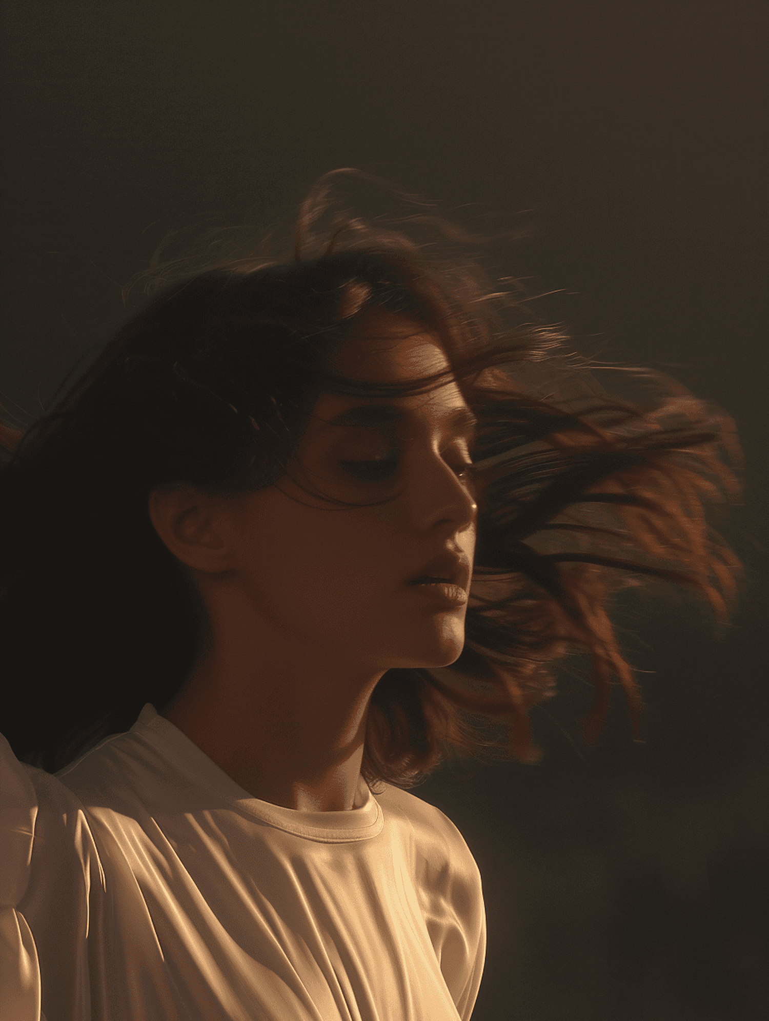 Close portrait in warm evening light with windblown hair