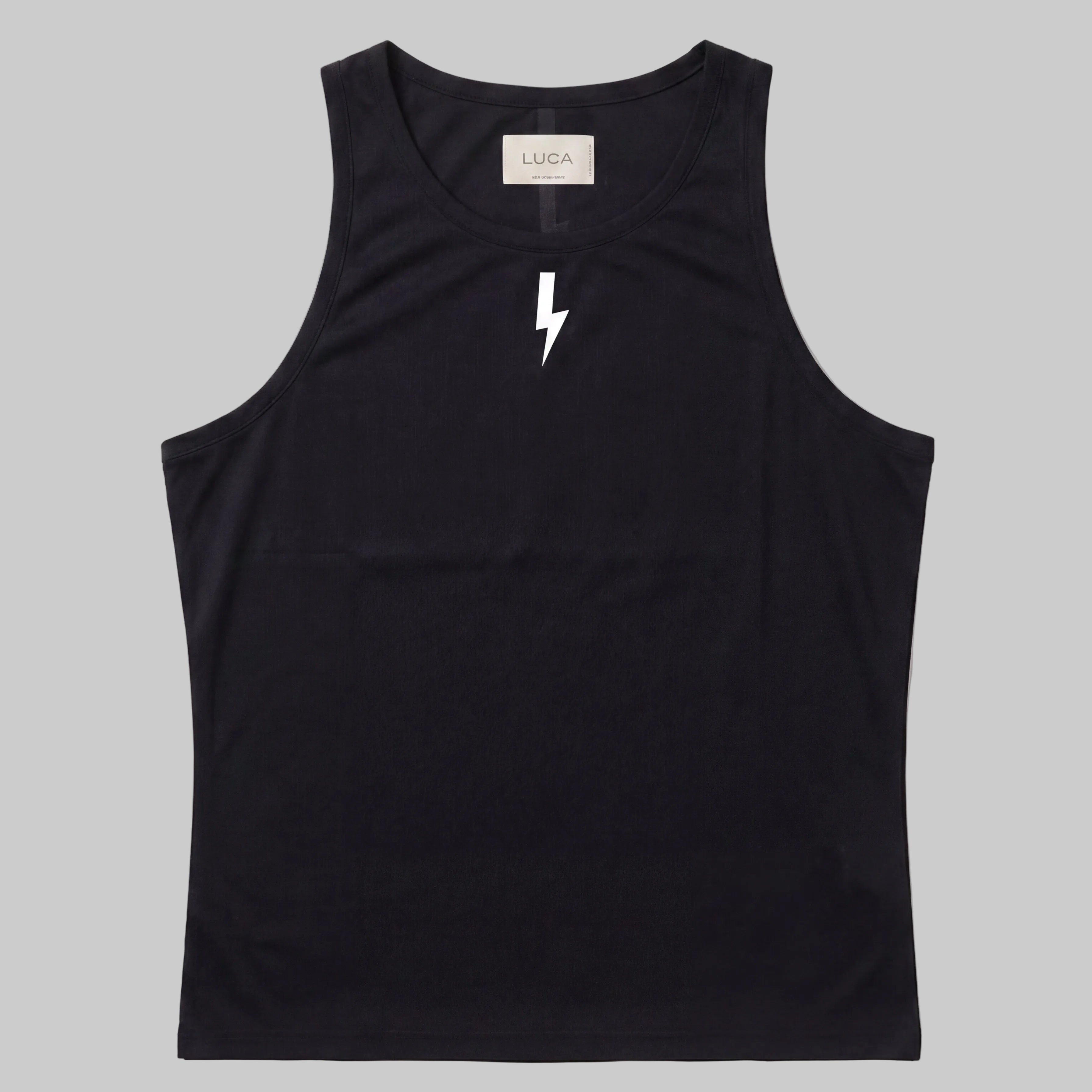 LUCA Meander women's cycling vest in black, front flat lay with bolt logo
