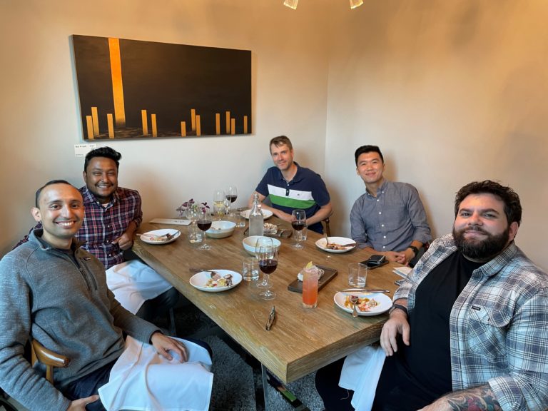 At a board dinner with Debo, Rob, and Brad from DevZero and John from Fika Ventures in August 2022