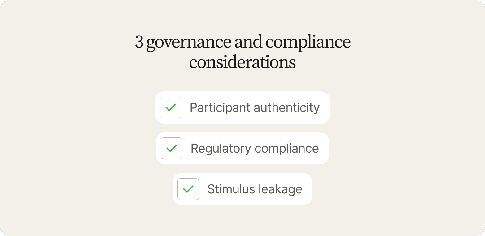 Checklist titled 3 Governance and Compliance Considerations: participant authenticity, regulatory compliance, and stimulus leakage"