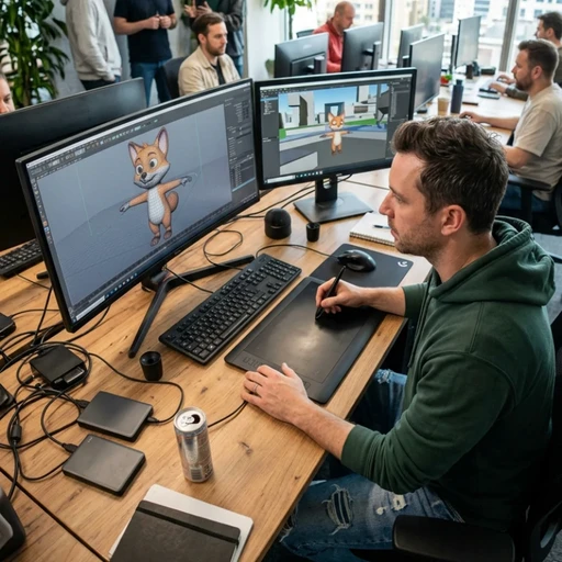 Équipe de créatifs en agence analysant des modélisations de personnages et des environnements virtuels sur plusieurs écrans haute résolution, illustrant notre expertise en Production audiovisuelle pour donner vie à vos projets via nos services de production d’animation 3D.