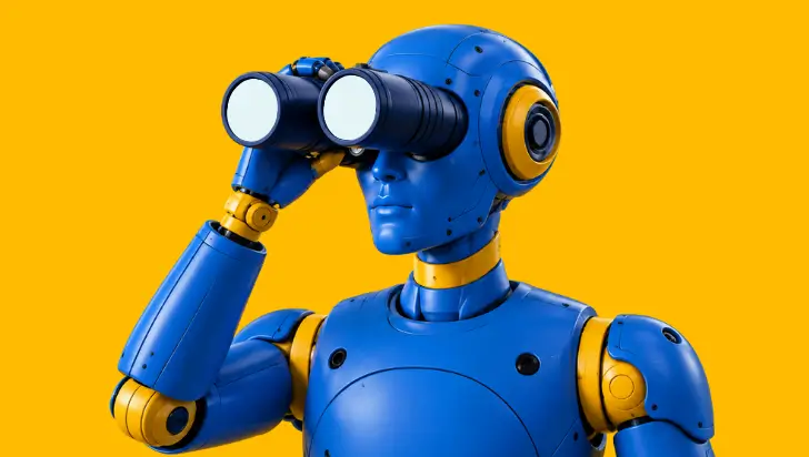 Blue humanoid robot looking through binoculars on a solid yellow background.