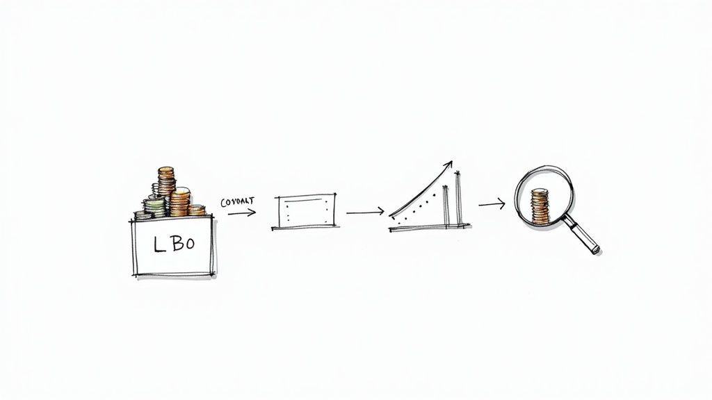 A diagram shows an LBO process, from initial investment to growth and financial analysis.