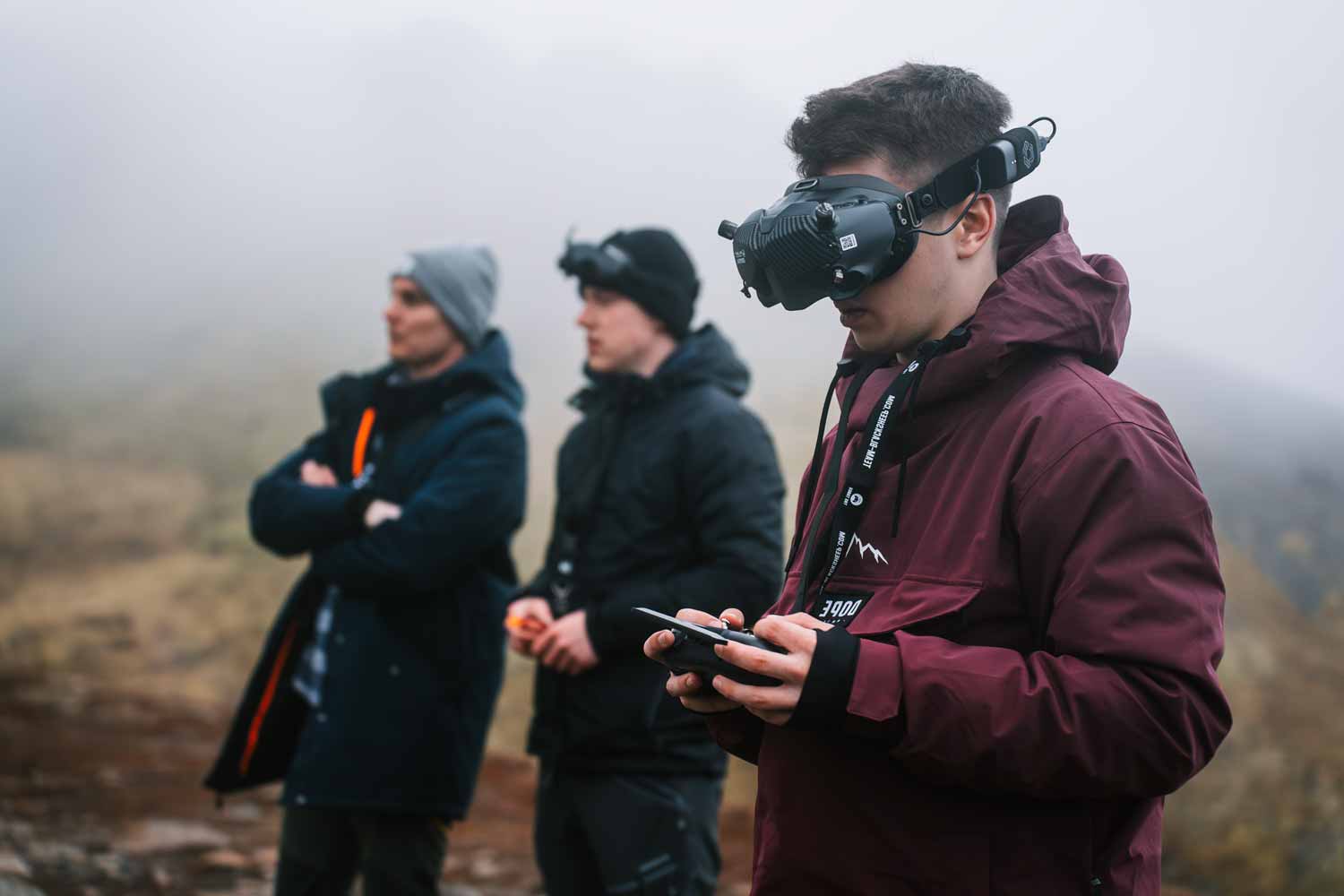 Filmproduction planning with FPV in foggy landscape; strategic storytelling.
