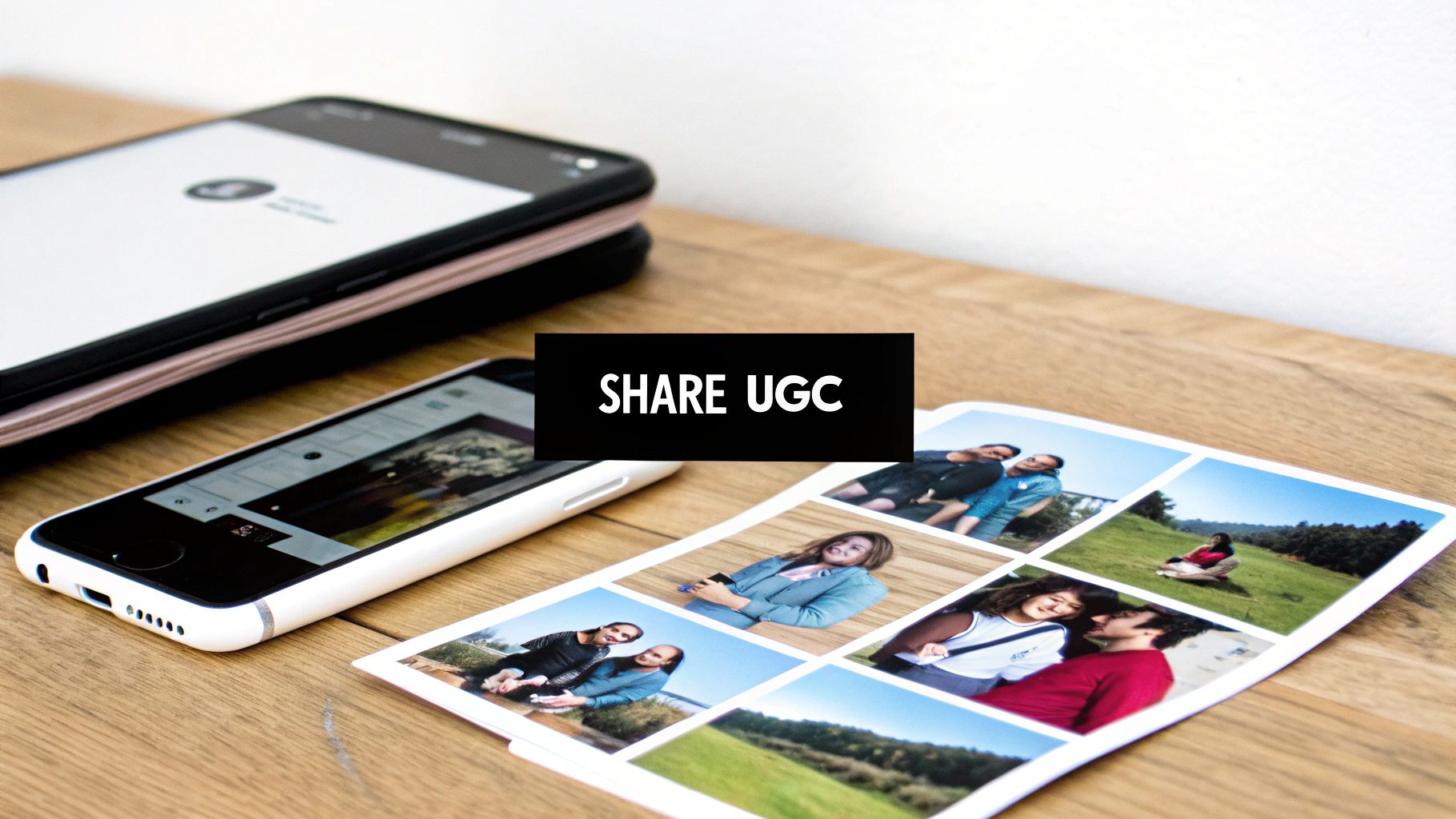 A flat lay of two phones and a printout with multiple personal photos, highlighting social sharing.