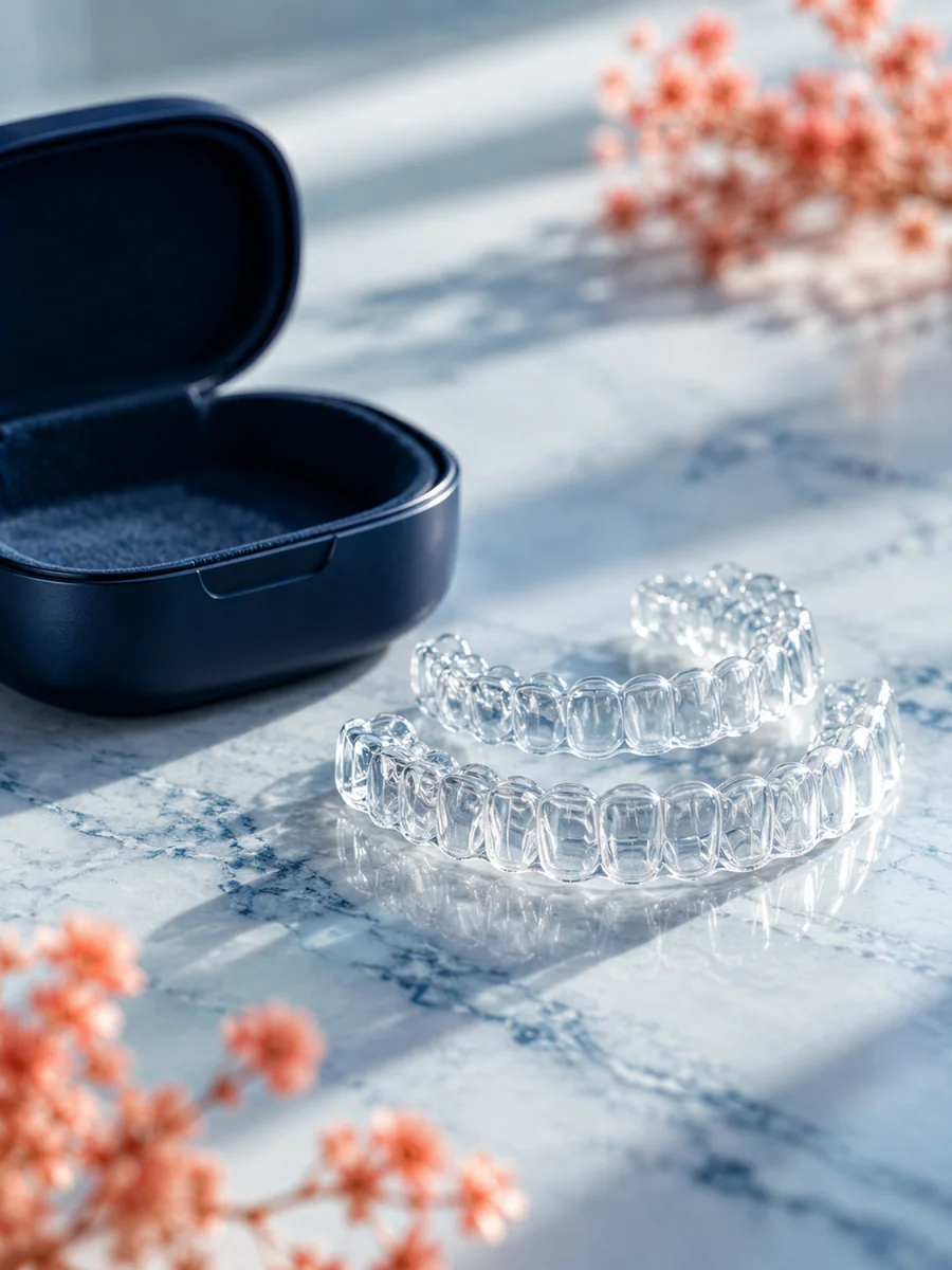 Clear aligner trays beside a small navy case