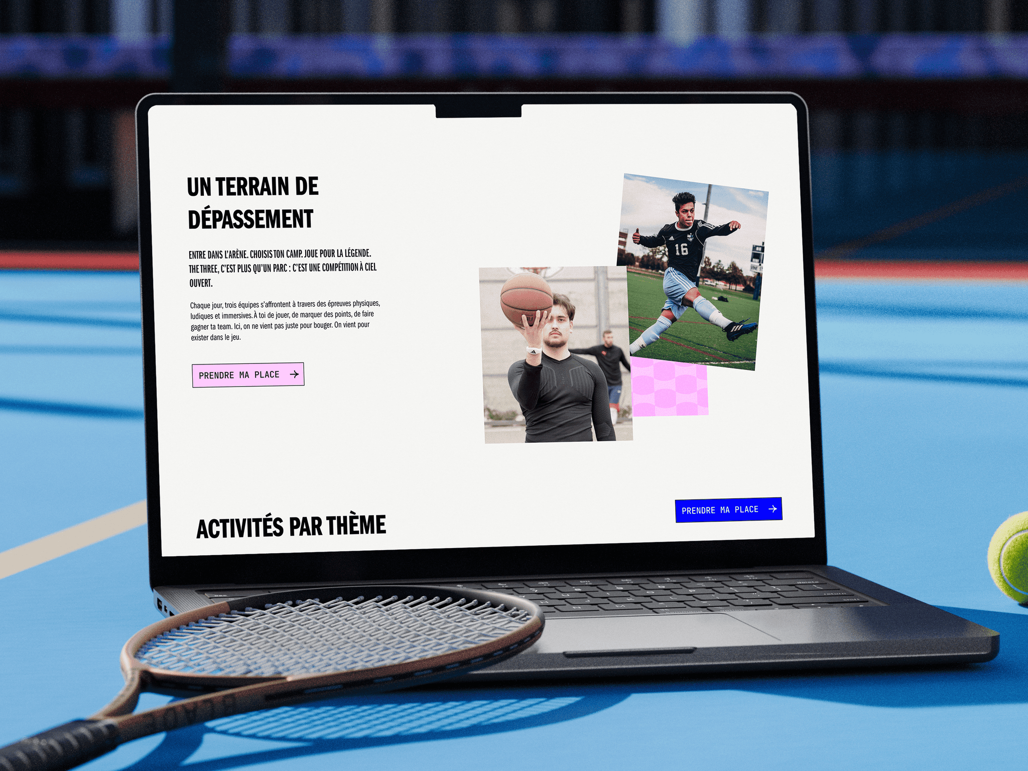 Mise en situation (mockup) du site web de Villa Wassim Marrakech, affiché sur un ordinateur portable MacBook Pro posé sur un bureau en bois clair. La page d'accueil ou une page de services met en évidence le design épuré et haut de gamme. On distingue une barre de navigation minimaliste, un bloc de texte en anglais avec une typographie script élégante ('Unforgettable memories'), et une section de services (Team Building, Anniversary, Wedding) illustrée par des miniatures de qualité. L'interface utilise une palette de couleurs sombres et neutres (bleu marine, blanc, or). Ce visuel démontre l'expertise de Nux-Studio en Web Design, conception UX/UI et développement de sites web de luxe pour le secteur hôtelier.