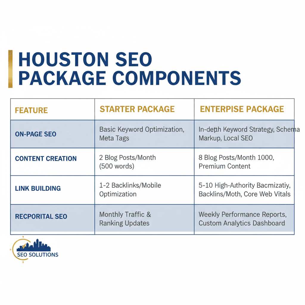 Houston SEO package components and service breakdown comparison