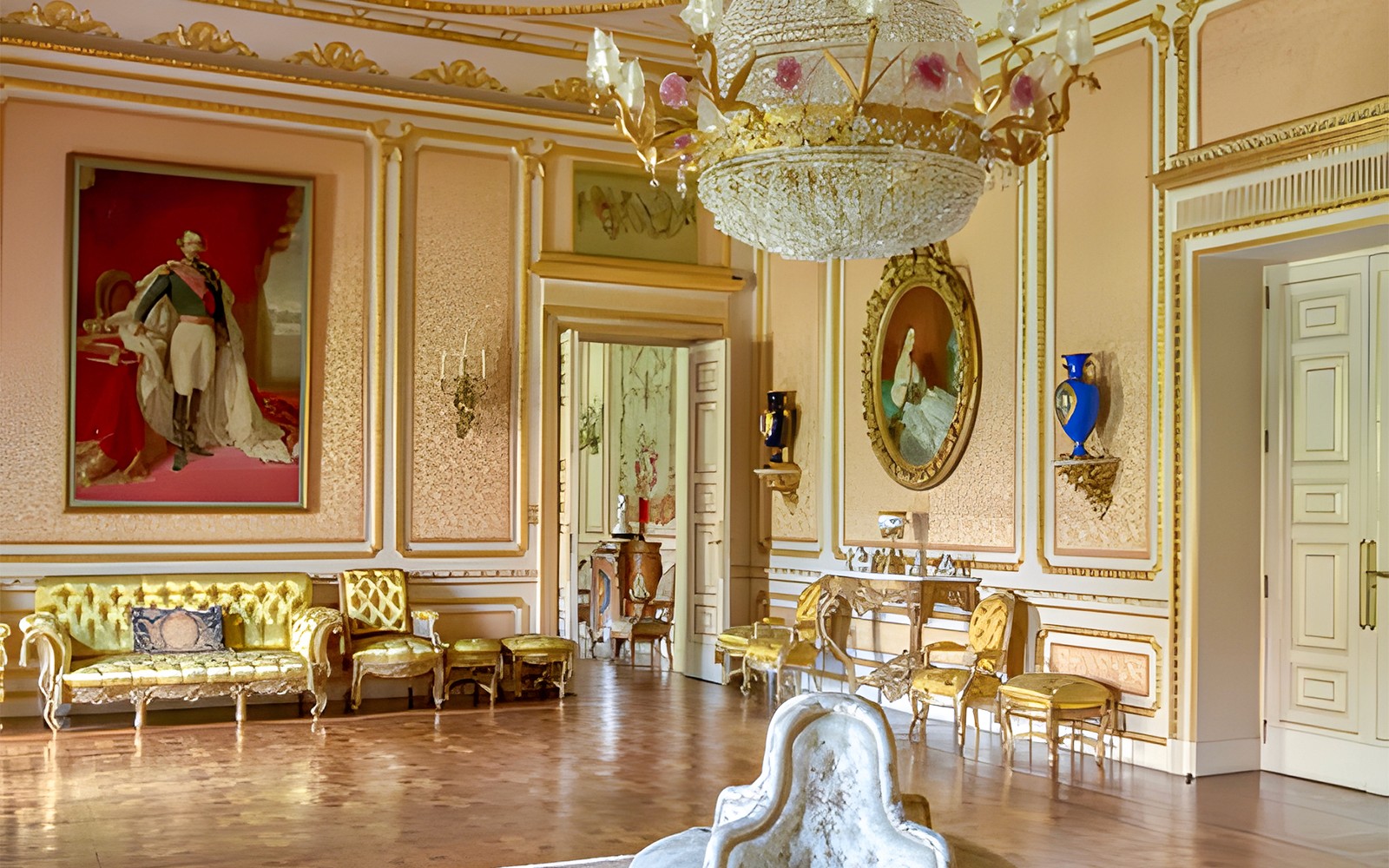 Interior del Palacio de Liria con candelabro ornamentado, muebles dorados y pinturas clásicas.