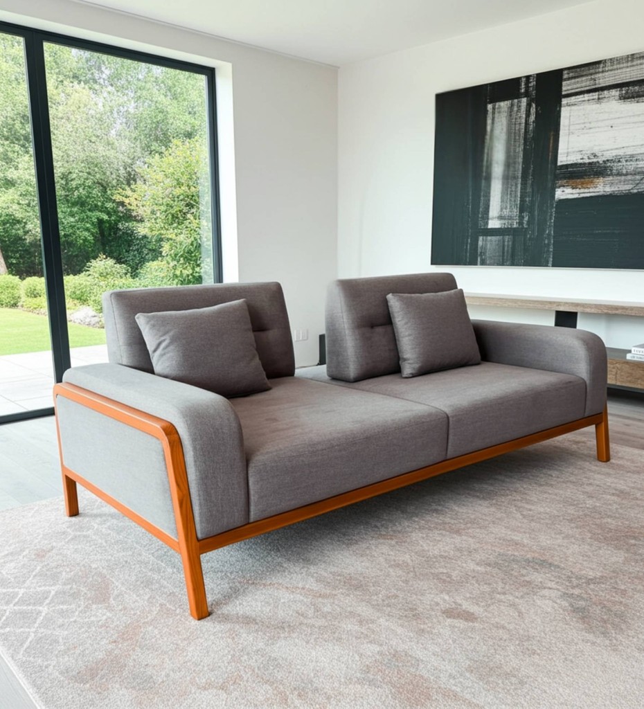 Luxury contemporary cane sofa with teal upholstery and wooden frame
