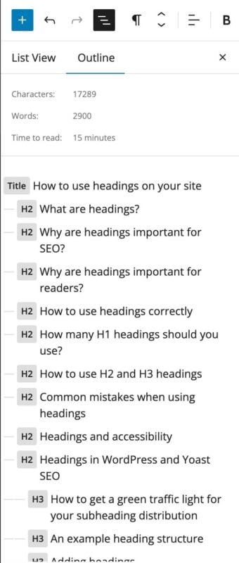 the outline menu in the block editor shows the hierarchy of the headings