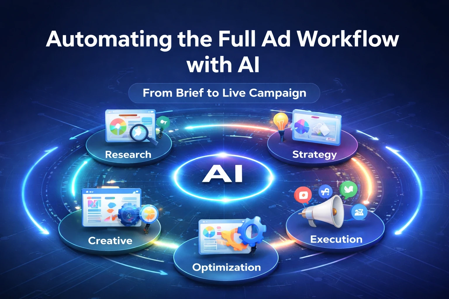 AI-powered ad workflow showing research, strategy, creative, execution, and optimization stages.