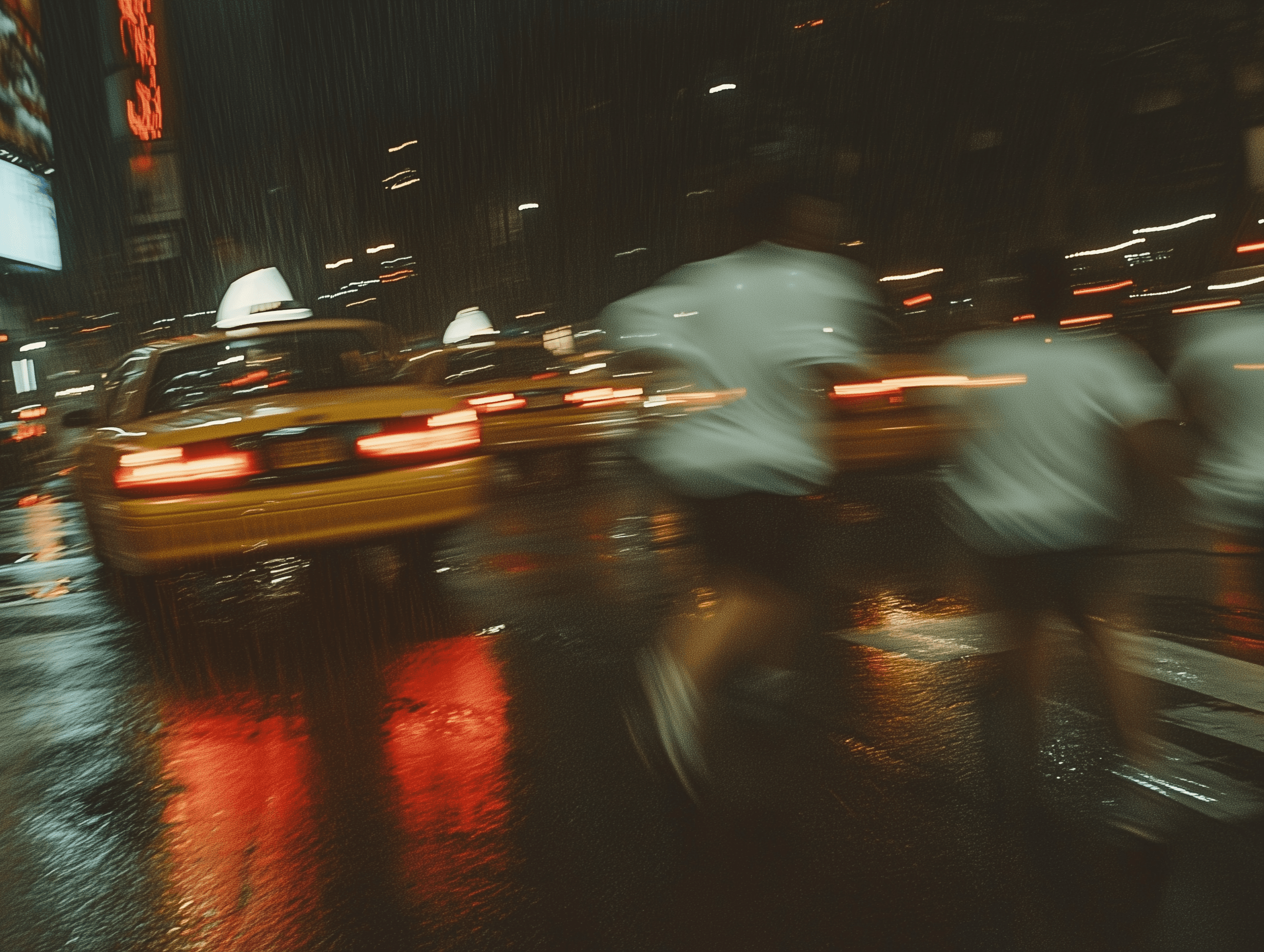 A blurry photograph of people running in the rain, getting into yellow cabs at night in New York City., people wearing white walking on the street with a blurred motion blur, with yellow cabs and city lights blurred in the background., the scene illuminated by red lights, the wet asphalt reflecting the light