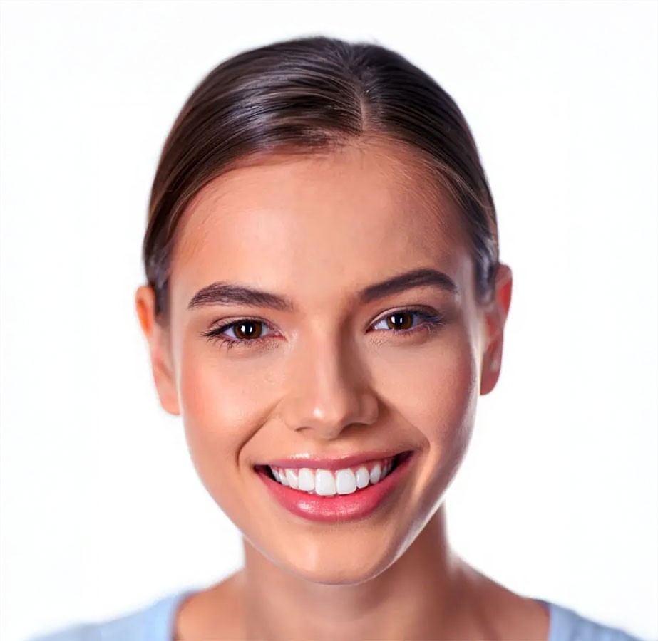 Young woman with a bright smile, dark hair pulled back, and light blue shirt.