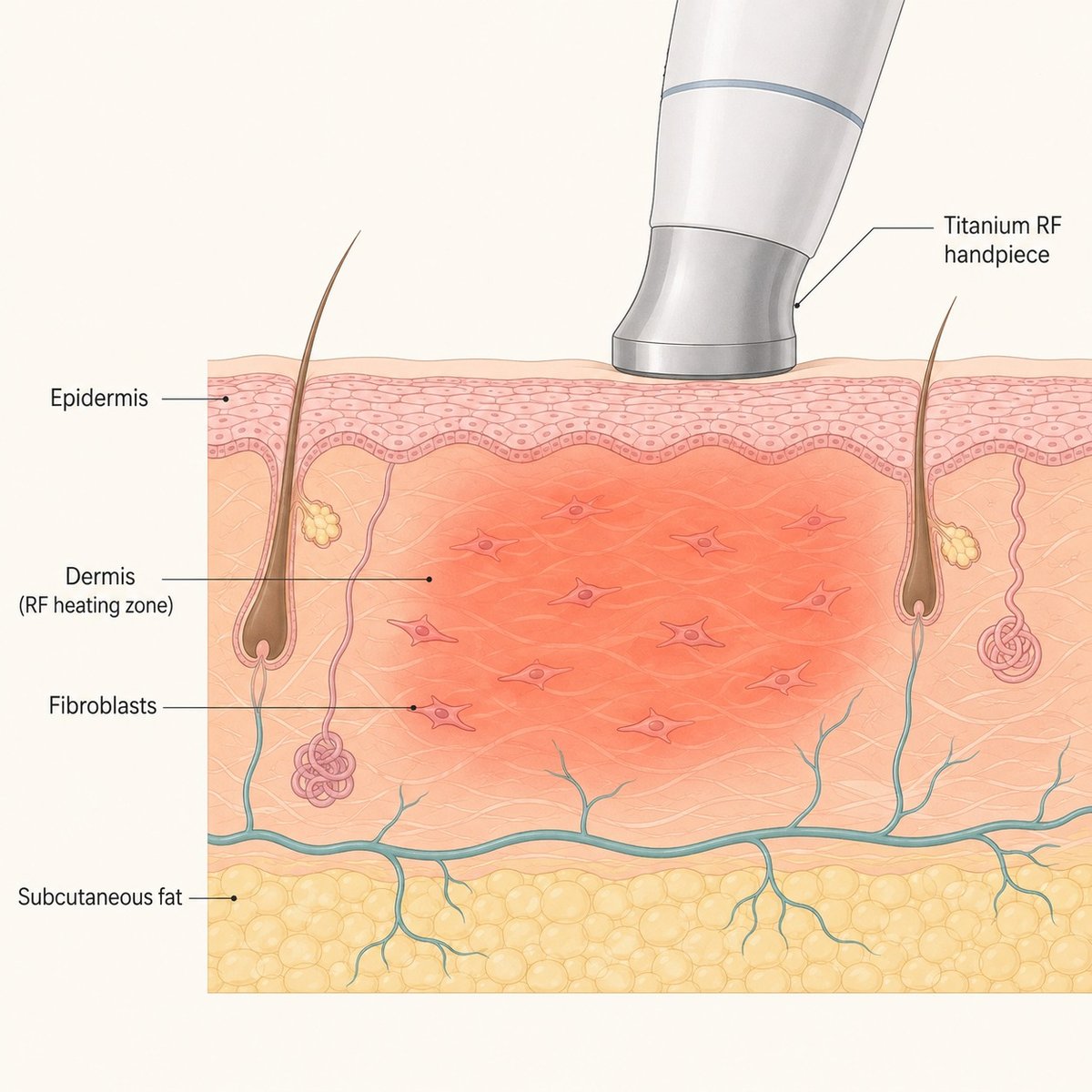 Titanium lifting radiofrequency heat reaching the dermis to stimulate fibroblast collagen production