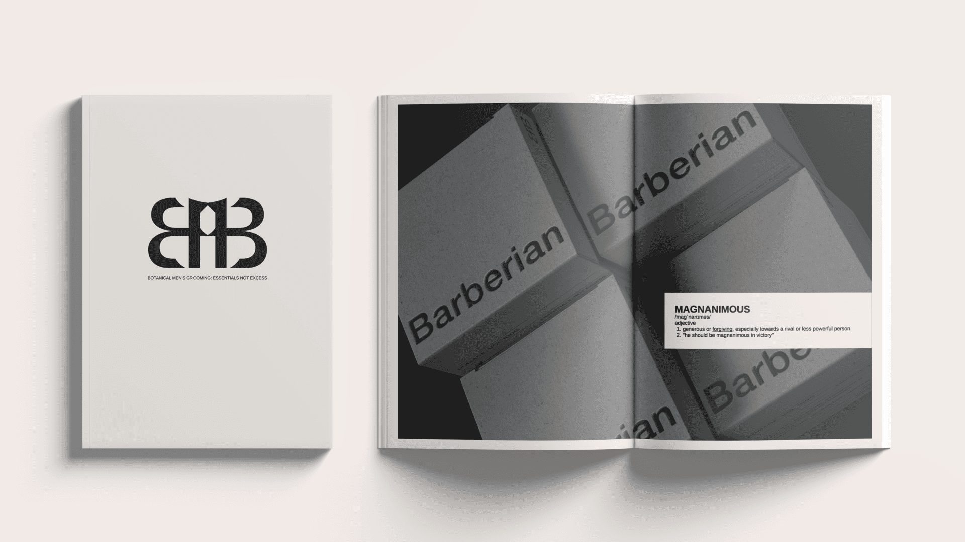 Open and closed branding booklet for Barberian Men's Grooming. The cover features the brand's sleek logo in black on a minimalist white background. 