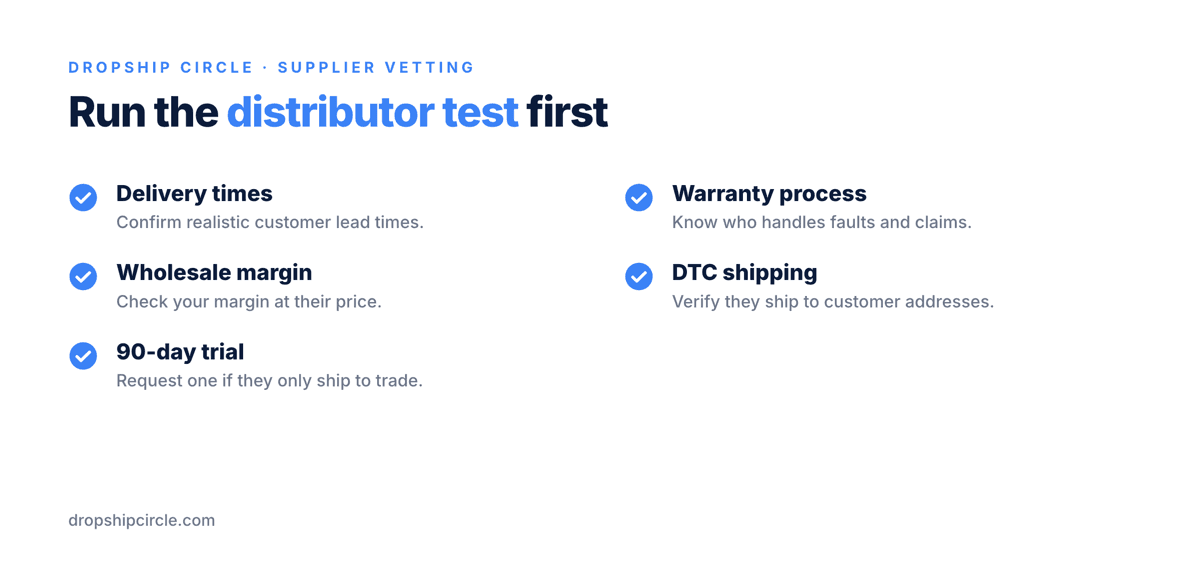 Supplier vetting checklist covering delivery times, warranty process, wholesale margin, direct-to-customer shipping and a 90-day DTC trial when needed.